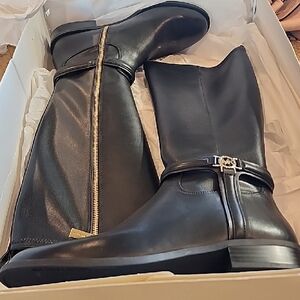 NEW IN BOX MICHAEL KORS BLACK TALL BOOT WITH GOLD DETAILS. SIZE-9 M.